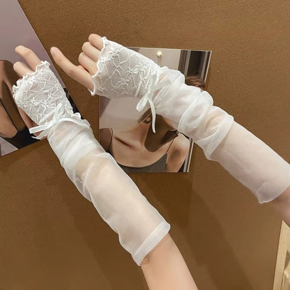 Y2K Lace Ruffle Mesh Gloves Sh - огляд і ціна Fingerless Glove Knit