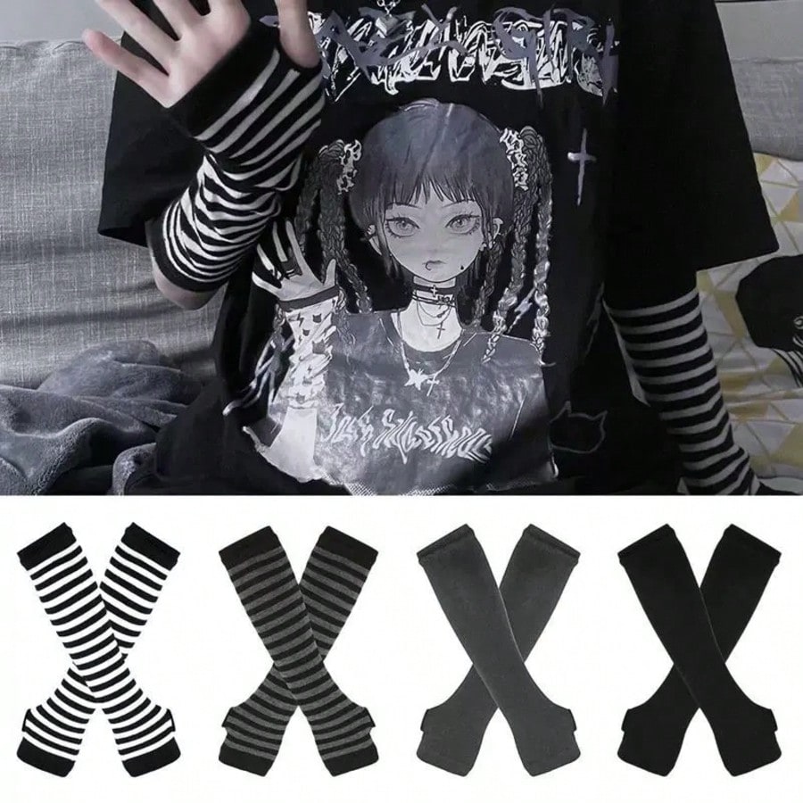 1 Pair Y2K Punk Striped Knitte - огляд і ціна Fingerless Glove Knit