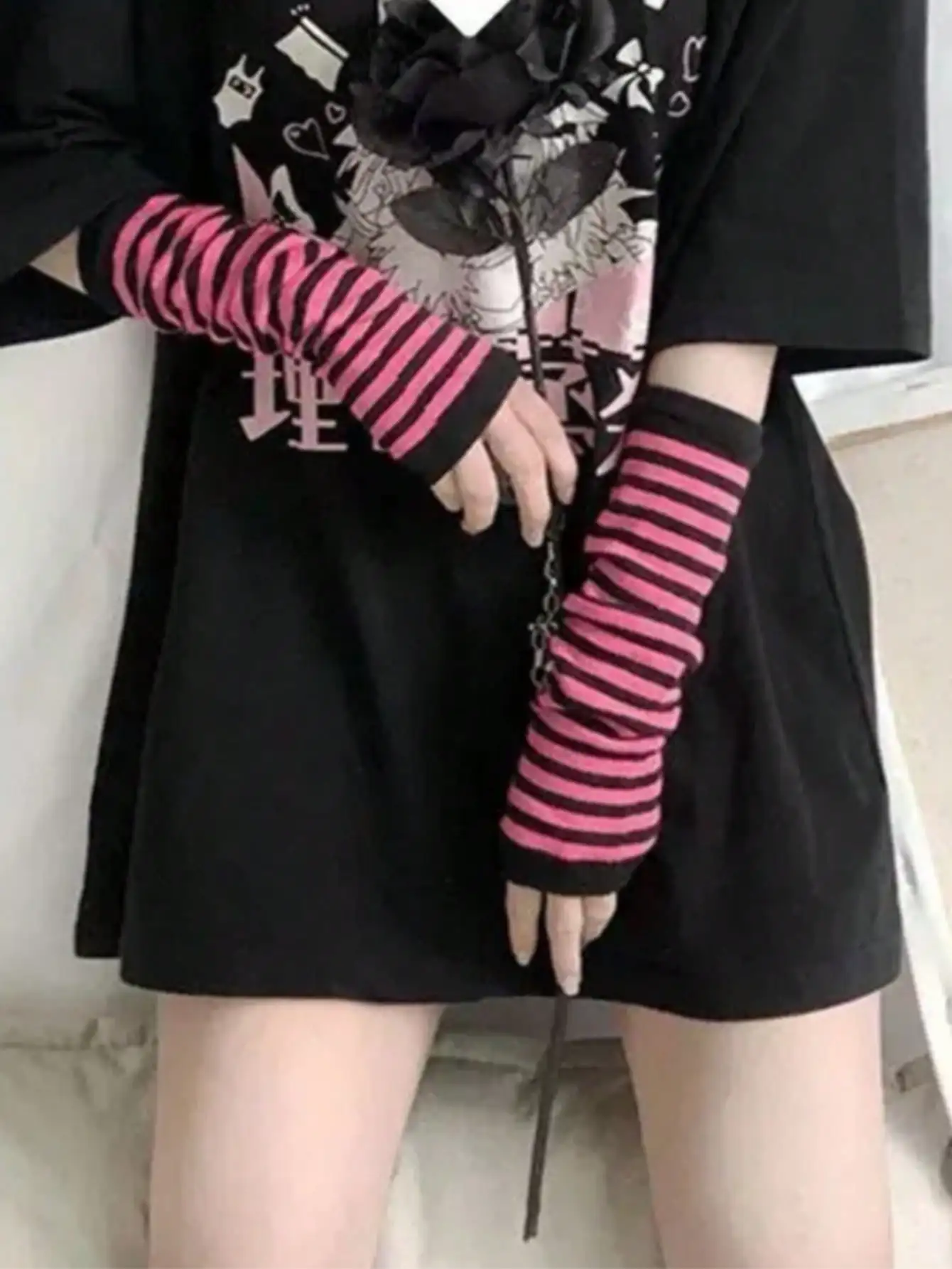 1 Pair Y2K Punk Striped Knitte - огляд і ціна Fingerless Glove Knit